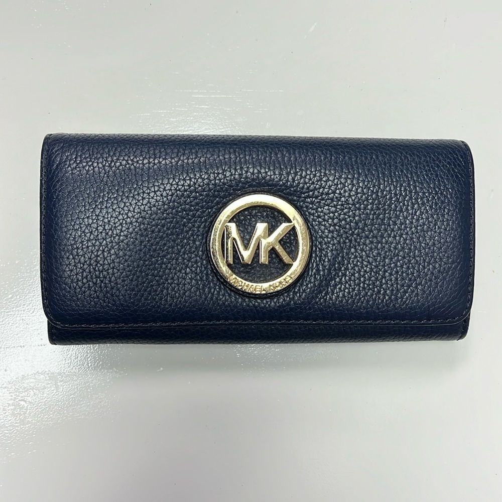 Michael, Michael Kors Fulton, navy flap, Continental leather wallet